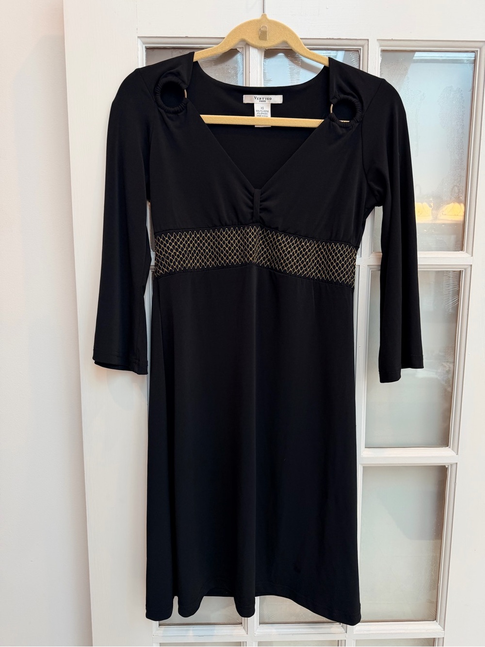 Vintage Vertigo Paris Y2K Black Long-Sleeve V-Neck Empire Waist Dress Size XS